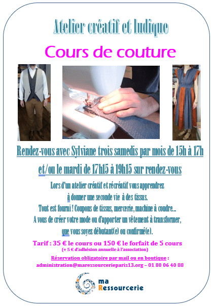 Cours de couture le samedi de 15h à 17h et le mardi de 17h15 à 19h15